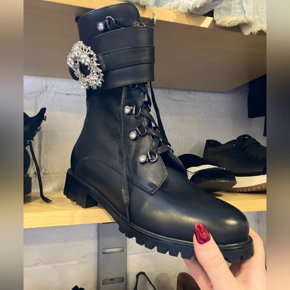Elegant Black Lace-Up Combat Boots with Crystal Accent